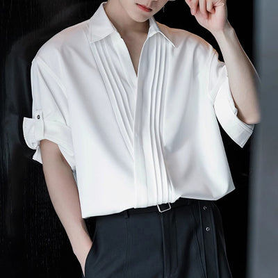 LinkMejor Mens Asymmetrical Pleated Short Sleeve Shirt Casual Solid Color Lapel Top for Male