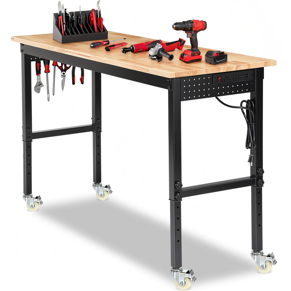 LinkMejor 60-In Adjustable Height Workbench Table Dual Pegboard 2000 Lbs Capacity Heavy-Duty Alloy Steel H-Frame ETL Power Strip Garage Work Table