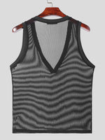 LinkMejor Men Tank Tops V-neck Mesh Knitted Sleeveless Vests Streetwear Tanks Fashion Casual Men Top Clothing