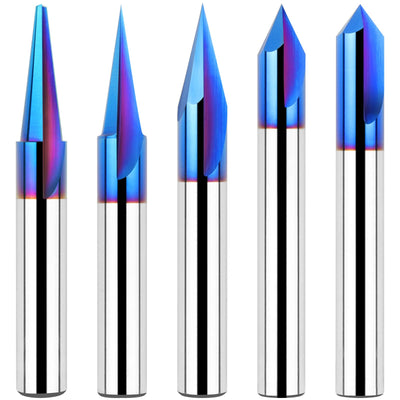 1/4 Inch Shank CNC Wood Carving Router Bits Set 15/20/30/60/90 Degree Engraving Bits 2 Flutes Straight CNC V-bit with Nano Blue Coating