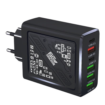 LYK-880 65W 6-Port USB PD Charger 4USB-A+2USB-C PD Fast Charging Wall Charger Adapter EU Plug for iPhone 16 16 Pro 15 14 13 Pro Max for Xiaomi 15pro for Samsung Galaxy S25 Ultra