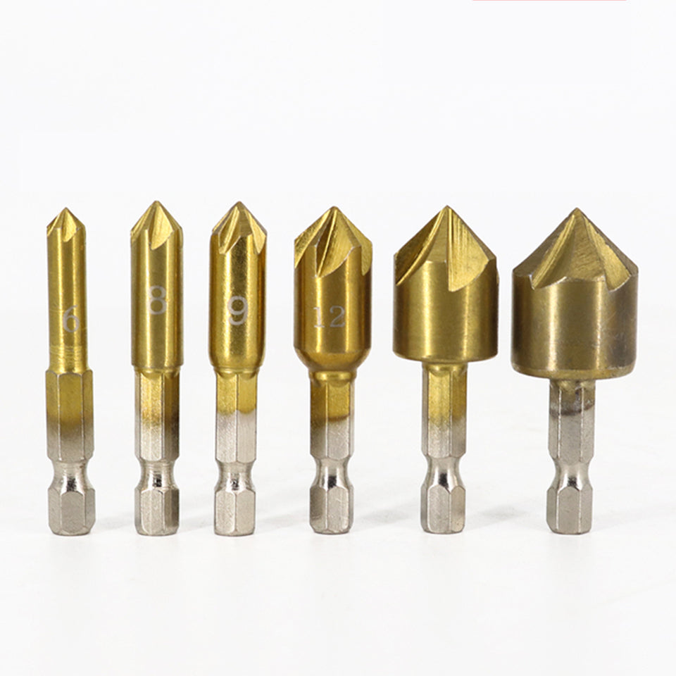 6Pcs HSS 1/4" Hex Shank Chamfer Countersink Chamfer Drill Bit 90 Degree Wood Chamfering Cutter 6mm-19mm Metal Drills