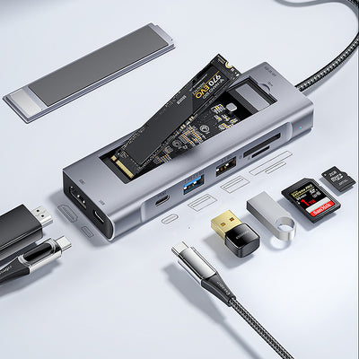 LinkMejor 8-in-1 Docking Station with Disk Storage USB 2.0 USB 3.2 Gen 2 10Gbps USB-C Data PD100W USB-C 4K@30Hz HD SD/TF Card Reader Slot Multiports M.2 SSD USB Hubs Splitter for Phone TV Tablet Laptop