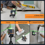 LinkMejor CM-701T 3x360° Laser Level 100ft Green Beam Self-Leveling Remote Control Rechargeable Battery with 1.5m Tripod IP54 Rating