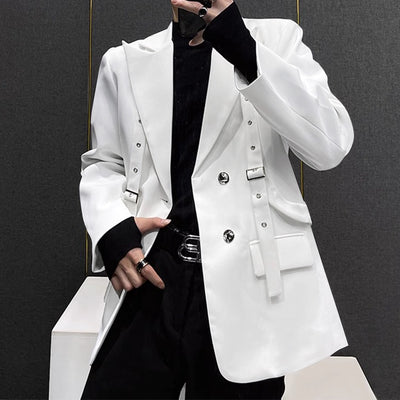 LinkMejor Mens Lace-Up Design Long Sleeve Blazer Fashion Loose Fit Solid Color Casual Suit for Male