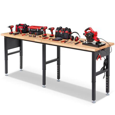 LinkMejor 96Inch Adjustable Work Bench 5000 LBS Capacity Heavy Duty Workbench with Power Outlet & Pegboard Rubber Wood Work Table for Garage Workshop Office Home