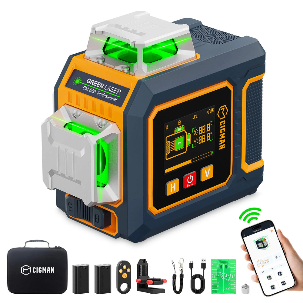 LinkMejor CM-S03 Laser Level 12 Lines LCD Display Green Beam 3x360° Self Leveling Tool IP54 Rechargeable Battery Remote Control for Construction Alignment