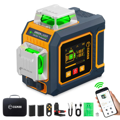 LinkMejor CM-S03 Laser Level 12 Lines LCD Display Green Beam 3x360° Self Leveling Tool IP54 Rechargeable Battery Remote Control for Construction Alignment