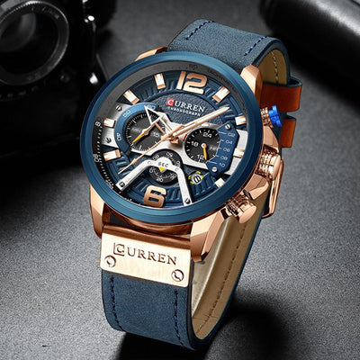 LinkMejor Chronograph Men Watch Casual Sports Fashion Calendar Analog Genuine Leather Wrist Watch