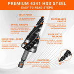 5pcs HSS Spiral Step Drill Bit Set Four Flute 1/8 to 1-3/8 Inch High Speed Steel Hex Shank for Stainless Steel Aluminum Wood Plastic Metal Hole Drilling Tools