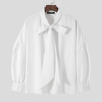 INCERUN Mens Solid Tie Neck Puff Sleeve Loose Shirt