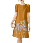 LinkMejor Womens Elegant Floral Embroidery Satin Dress Party Puff Sleeve Ruffles Knee Length Dresses