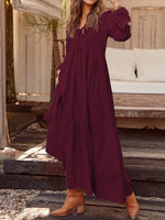 LinkMejor Plus Size Women Long Dress Solid Color V-neck Long Sleeve Causal Maxi Dress
