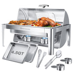 Warmounts 9QT Rectangular Roll Top Chafing Dish Buffet Set, Stainless Steel Catering Server Food Warmer with Glass Lid & Holder, Fuel Holder for Parties Wedding 63x44x42.1 cm