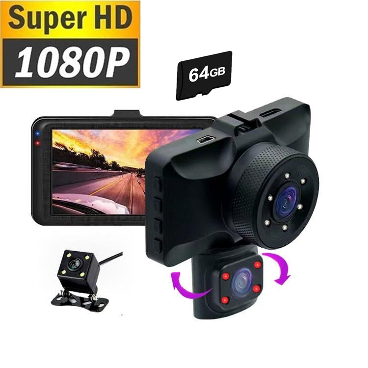 1080P 3 Channel Car Dash Cam 3-inch  IPS Screen Three Lens Car 170° HD Record Front/Interior/Rear View Camera with Free 64G TF Card Night Vision Parking Monior