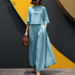 LinkMejor Women Two-piece Outfits 3/4 Sleeve O-Neck Top Elastic Waist Pleated Wide Leg Pants Sets
