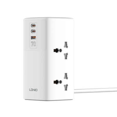 LinkMejor 7 in 1 2500W Tower Extension Power Socket 70W Charging Station USB Power Strip with 4 Outlets and 2USB-C+USB-A Port Extension Cord