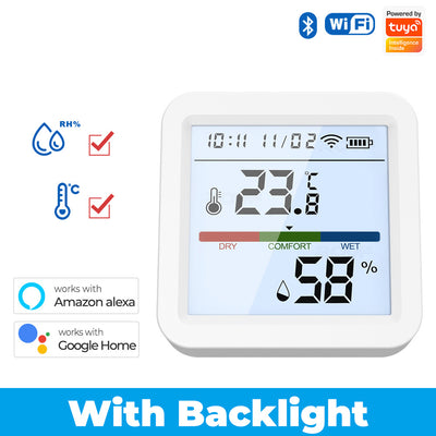 Smart Wifi bluetooth/Zigbe Temperature Humidity Sensor with Backlight Real-Time Monitoring High Accuracy Adjustable Stand Compatible with Tuya Smart Smart Life Amazon Alexa Google Home