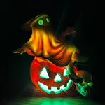 Elfeland Halloween Ghost Night Light Tipsy Ghost Pumpkin Table Lamp with Wine Glass & Skull USB Plug-in LED Decor Resin Halloween Decoration Gift