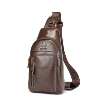 LinkMejor 8-Inch Men's Chest Bag Top-grain Cowhide Leather Vintage Multi-Pocket Shoulder Messenger Bag for Outdoor Daily Travel