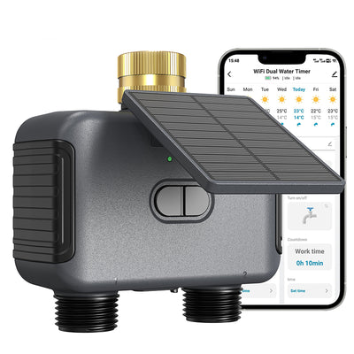 2 Zone WiFi Water Timer Smart Irrigation Timer Water Valve Controller  Solar Powered  Smart Life App 2000mAh Battery USB-C Charging 0.05-0.8MPa Water Pressure Auto Watering Timer