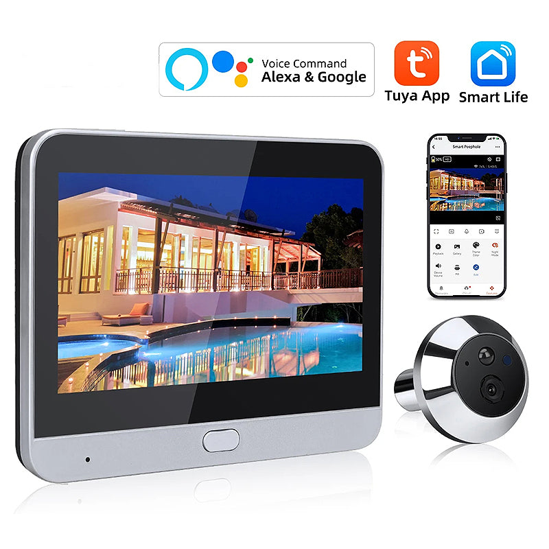 Smart Home Tuya 120° Wide Angle Door Peephole Camera 1080P One Way Intercom Video Eye Motion Detection Wifi Doorbell Camera 5000mAh Battery Work with Alexa&Google