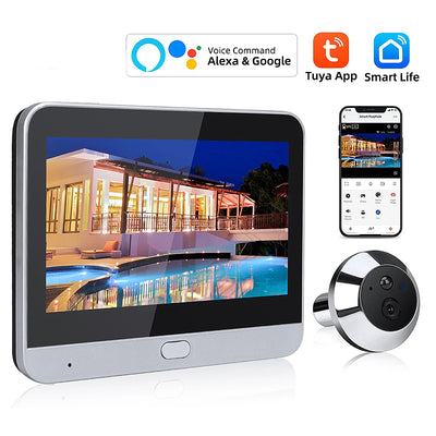 Smart Home Tuya 120° Wide Angle Door Peephole Camera 1080P One Way Intercom Video Eye Motion Detection Wifi Doorbell Camera 5000mAh Battery Work with Alexa&Google