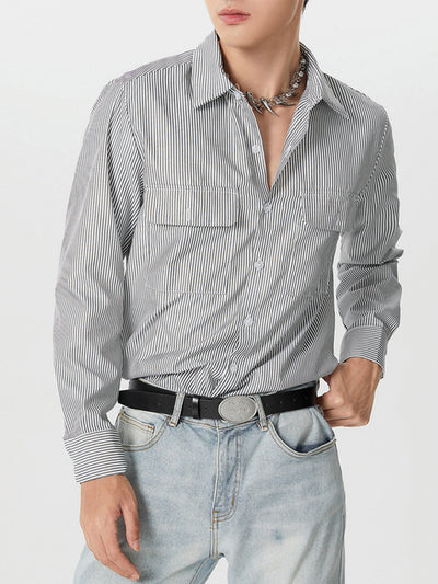 LinkMejor Mes Daily Casual Striped Shirt with Double Breast Pocket