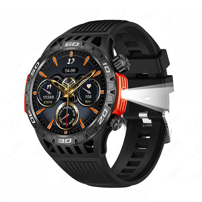 LinkMejor 1.46inch HD Screen Massive Battery Compass bluetooth Call Heart Rate Blood Pressure Monitor SOS Emergency Call Sleep Monitoring Multi-sport Modes Music Playback 10M Waterproof Smart Watch with Flashlight