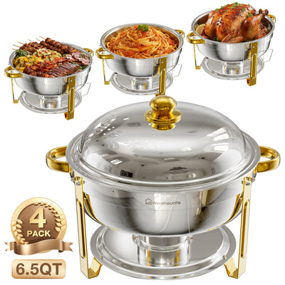 LinkMejor 6.5QT Chafing Dishes for Buffet 2/4/6 Pack Stainless Steel Round Chafing Dish Set with Lid Holder Rolled Rim Process Gold Buffet Food Warmer for Parties Catering Events Weddings