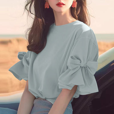 LinkMejor Elegant Style Womens Shirts Blouses Ladylike Crew Neck Ruffled Sleeves Tops Side Bowknot Solid Blouses