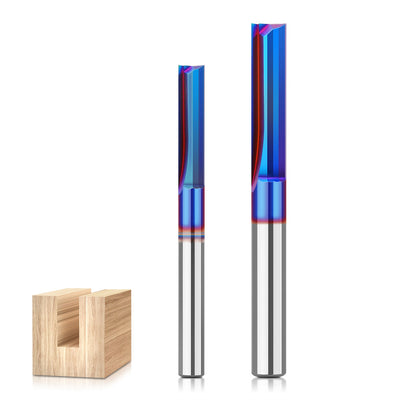 1/4inch/ 6.35mm 8mm Shank 2-Flute Tungsten Carbide Straight Router Bit with Nano Blue Coating for CNC Router MDF Woodworking