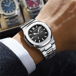LinkMejor Men's Quartz Watch Stainless Steel Band Waterproof Luminous Square Dial Business Casual Fashion Date Wristwatch