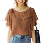 LinkMejor Women's Blouse Elegant Ruffle Sleeve Solid Crew Neck Plain Summer Shirt Pullover Top