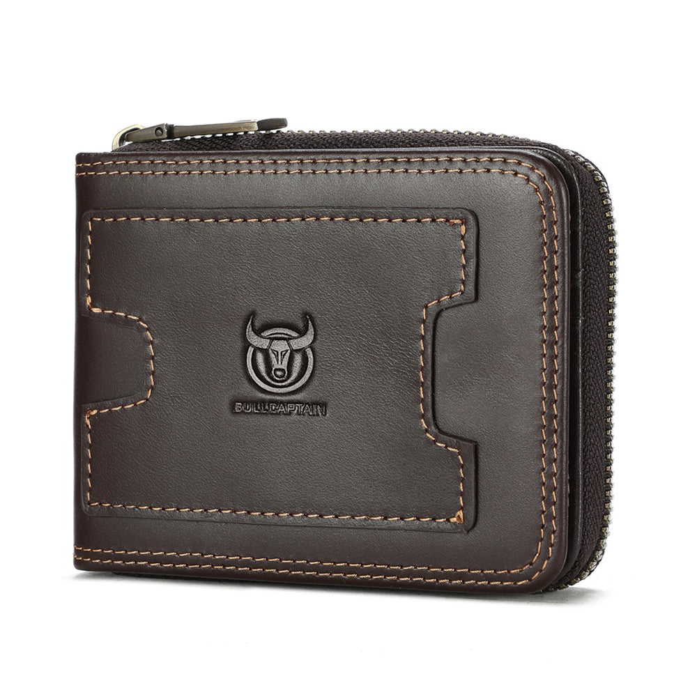 LinkMejor Genuine Leather Zippered Men's Wallet Cowhide RFID-blocking Multi Card Slots Coin Money Purse