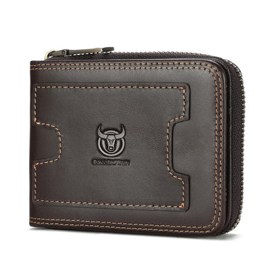 LinkMejor Genuine Leather Zippered Men's Wallet Cowhide RFID-blocking Multi Card Slots Coin Money Purse