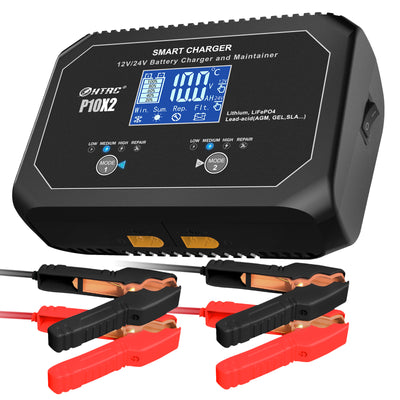 LinkMejor P10X2 12V 24V 10A Auto Motorcycle Battery Charger AGM Intelligent Repair Dual Channel Smart Car Battery Charger Lithium Lifepo4 Lead-Acid(AGM/Gel/SLA) for Car Boat