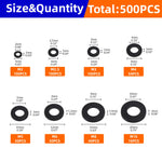 500Pcs 8 Size Black Nylon Flat Washers Set M2 M2.5 M3 M4 M5 M6 M8 M10 Assortment Kit Plane Spacer Insulation Gasket Ring