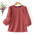 LinkMejor Women's Blouse Casual Lantern Sleeve Round Neck Shirt Plain Party Commute Pullover Tops
