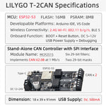 LinkMejor T-2CAN ESP32-S3 WiFi Bluetooth Development Board 16MB Flash 8MB PSRAM Stand-Alone CAN Controller QWIIC Interface Compatible IoT Automotive Solution Wireless Module