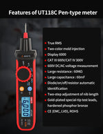 LinkMejor Pen-Type Meter Digital UT118C 600V DC AC Voltmeter True RMS Frequency Meter NCV Capacitance Resistance Test
