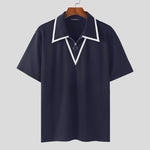 LinkMejor Mens Fashion Design Spliced Collar Shirt Comfortable Fabric Short Sleeve Zipper Lapel Top for Male S-5XL