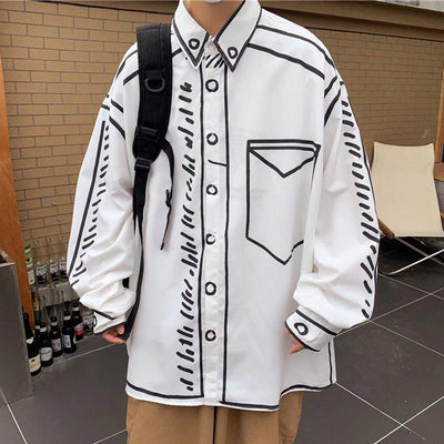 LinkMejor Mens Comic Style Print Long Sleeve Shirt Fashion Funny Line Lapel Top for Male