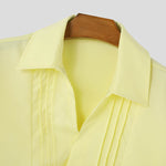 LinkMejor Mens Asymmetrical Pleated Short Sleeve Shirt Casual Solid Color Lapel Top for Male