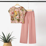 LinkMejor Women's 2pcs Suits Floral Short Sleeve O-Neck Top Elastic Waist Wide Leg Trousers Vintage Sets