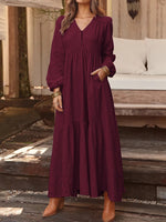 LinkMejor Plus Size Women Long Dress Solid Color V-neck Long Sleeve Causal Maxi Dress