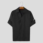 LinkMejor Mens Asymmetrical Pleated Short Sleeve Shirt Casual Solid Color Lapel Top for Male