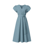 LinkMejor Womens Puff Sleeve V Neck Belted A Line Midi Dress Party Gown Long Dresses
