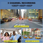 1080P 3 Channel Car Dash Cam 3-inch  IPS Screen Three Lens Car 170° HD Record Front/Interior/Rear View Camera with Free 64G TF Card Night Vision Parking Monior