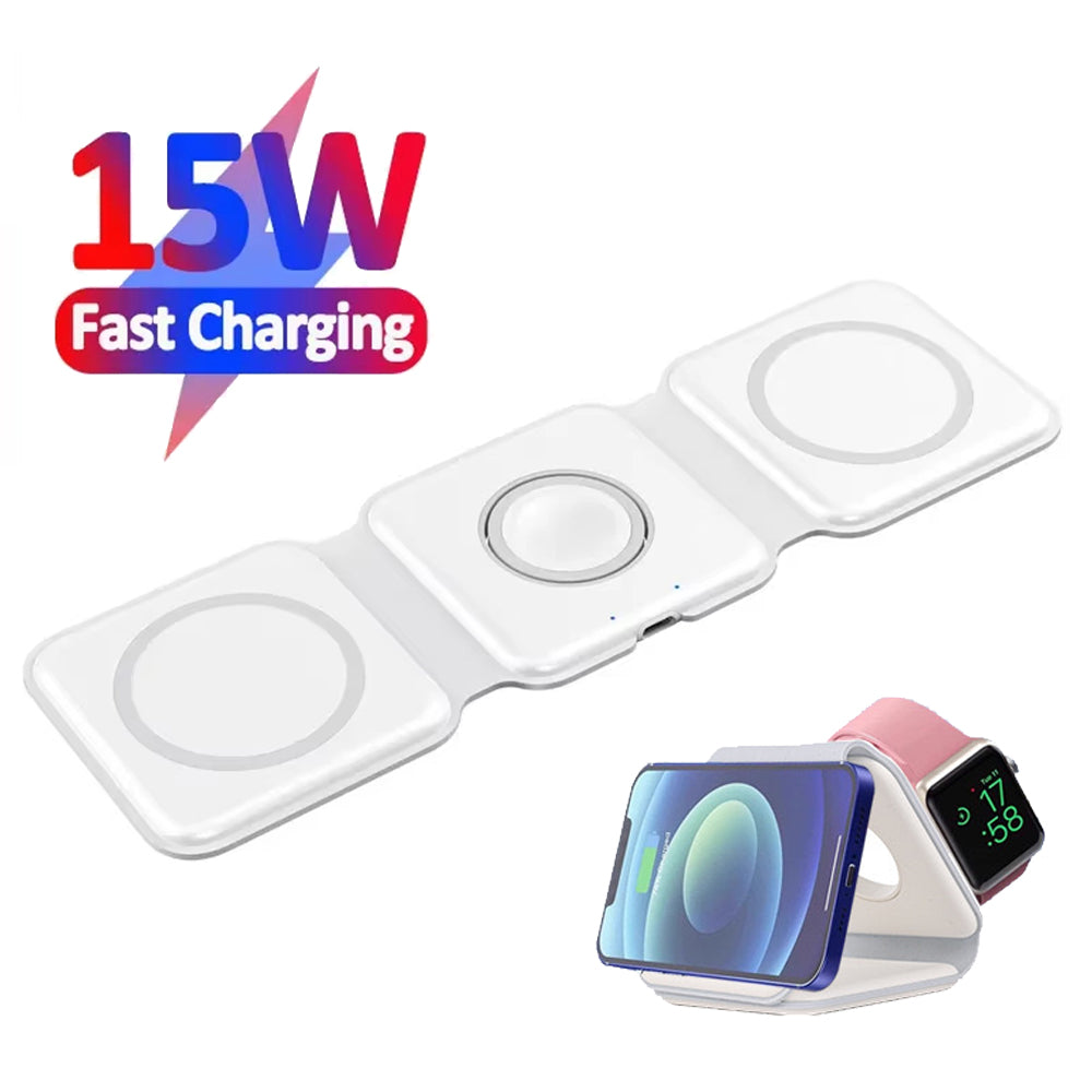 3-in-1 Magnetic Wireless Charger Foldable Design 15W Fast Charging Multi-Device Compatibility for iPhone AirPods Watch Portable Travel Charge